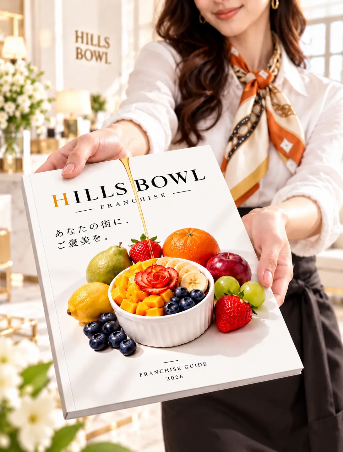 HILLS BOWLフランチャイズガイドを差し出す女性
