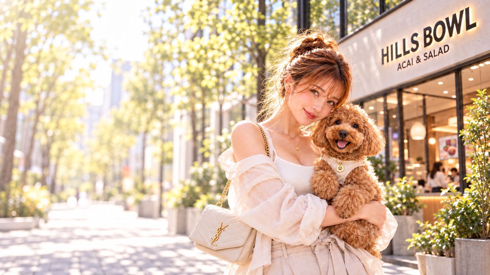 HILLS BOWL大阪・南堀江本店前で愛犬を抱くひるみ