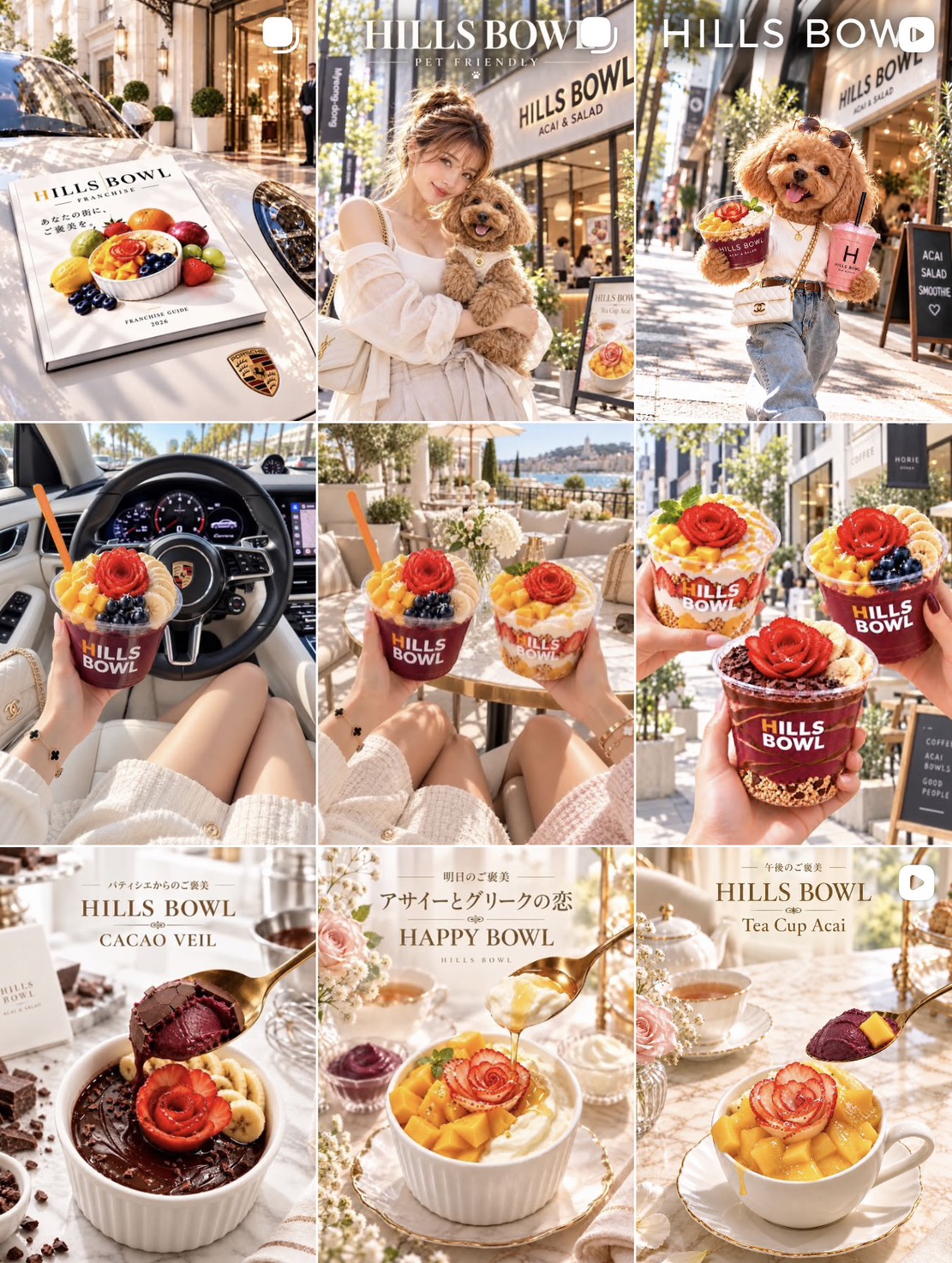 HILLS BOWLのInstagram投稿：フランチャイズガイド、ペットとのカフェ時間、アサイーボウルやスイーツ