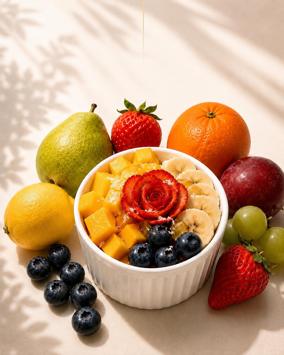A beautifully presented fruit acai bowl crafted with pastry chef attention