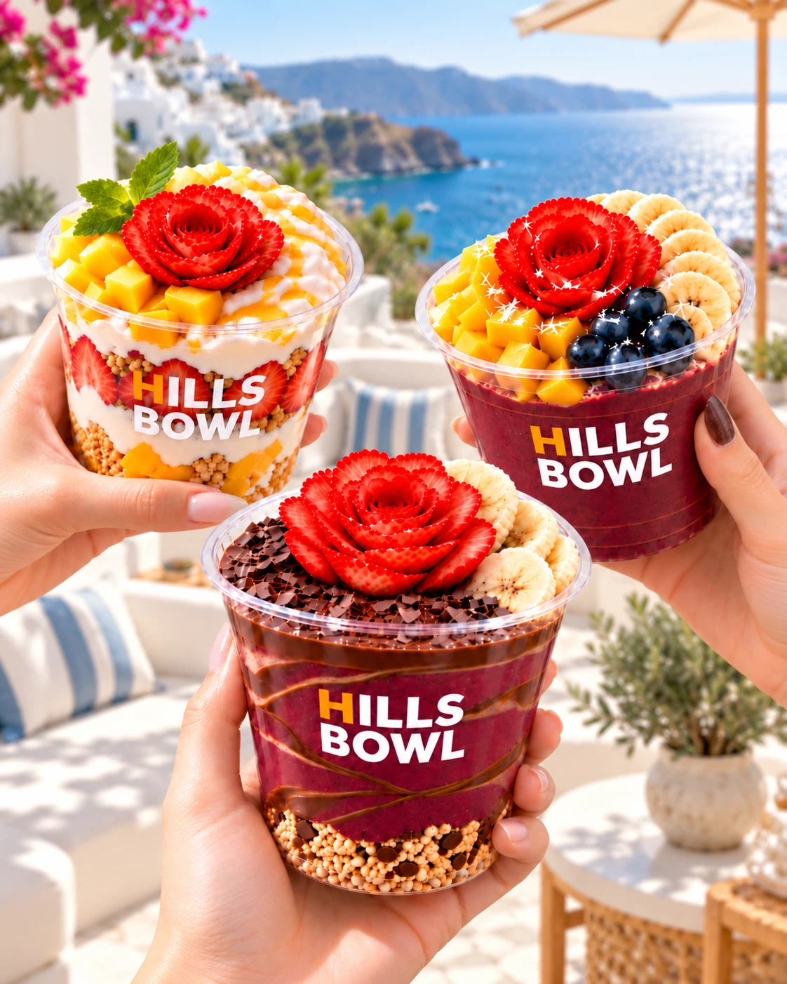 Three HILLS BOWL fruit-topped cups held up against a sunlit seaside backdrop