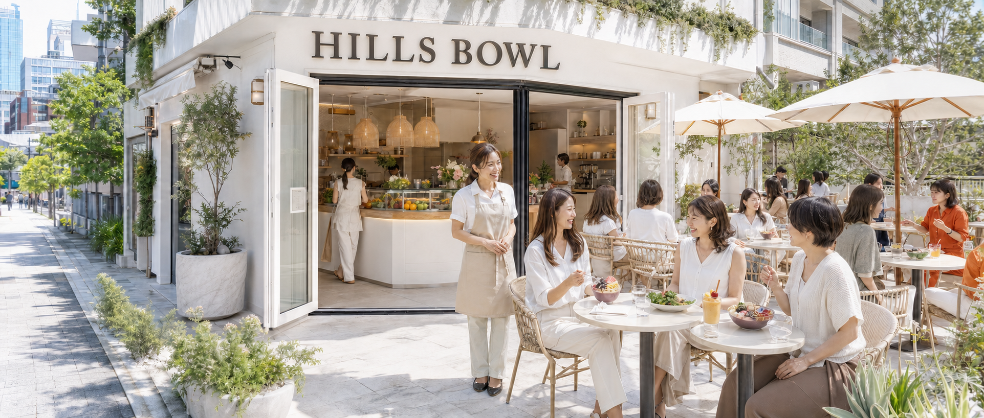 HILLS BOWLの白い店舗とテラス席のイメージ