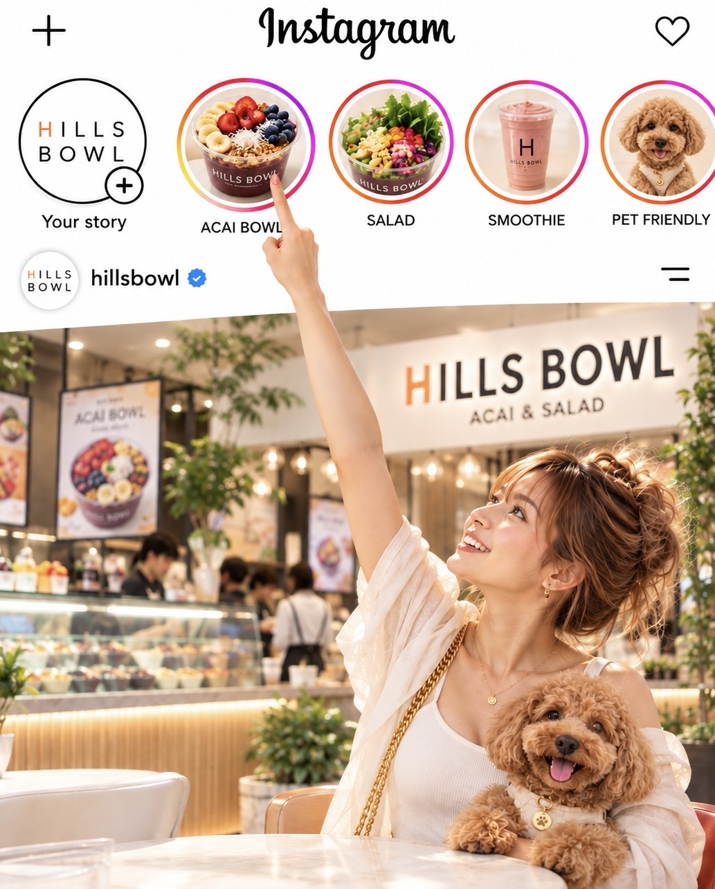 HILLS BOWLのInstagramへ。アサイー、サラダ、ドリンク、ペットとのカフェ時間を紹介するイメージ