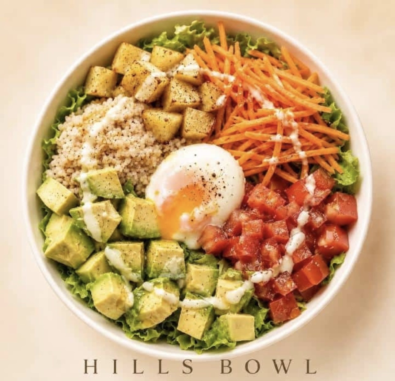 トマト、にんじん、アボカド、卵、じゃがいもを盛り付けたHILLS BOWLのセラムボウル