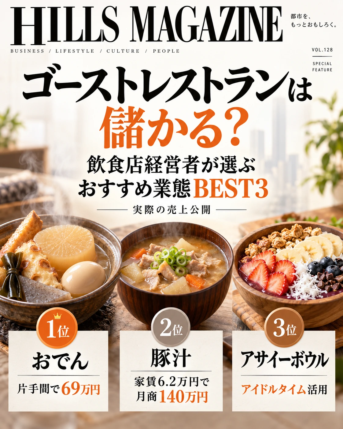 ゴーストレストランおすすめ業態BEST3。おでん月商69万円、豚汁月商140万円、アサイーボウルのアイドルタイム活用