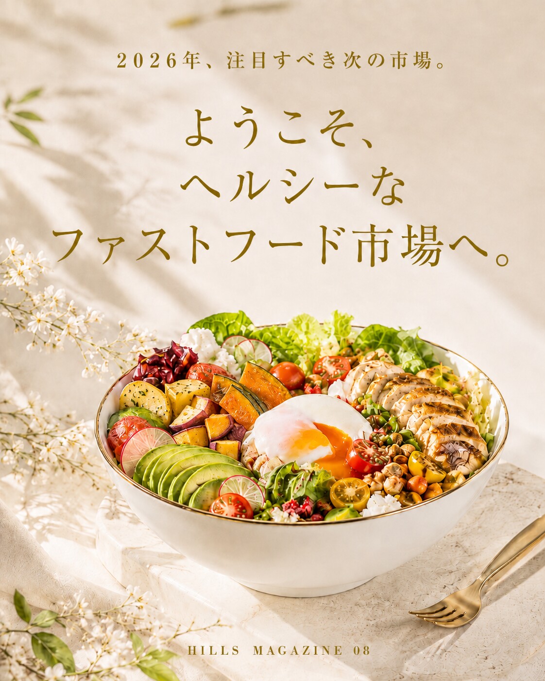 2026年注目のヘルシーなファストフード市場を紹介するHILLS MAGAZINE ISSUE 08のサラダボウル