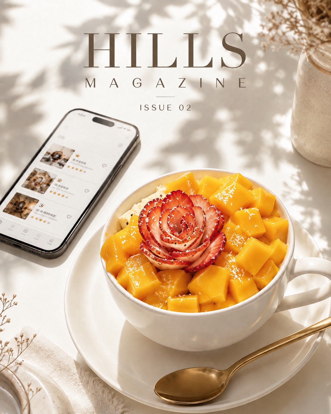 HILLS MAGAZINE ISSUE 02、マンゴーと苺を盛り付けたアサイーボウルとスマートフォン
