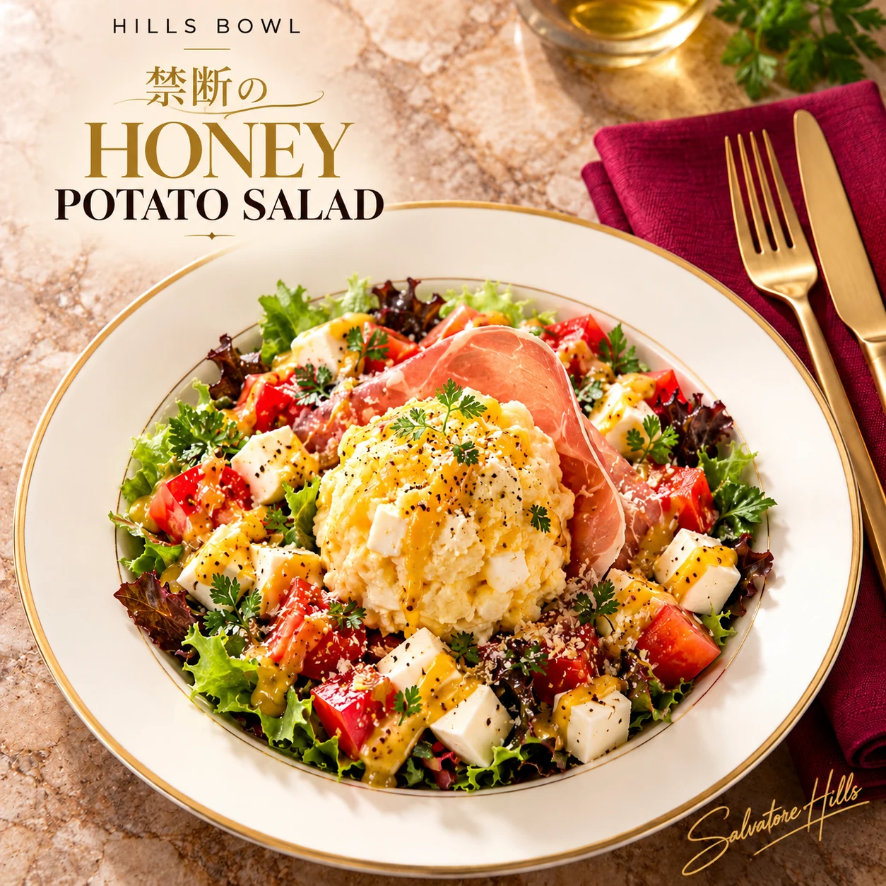 HILLS BOWLの禁断のハニーポテトサラダ。野菜とハニーポテトサラダを盛り付けた一皿