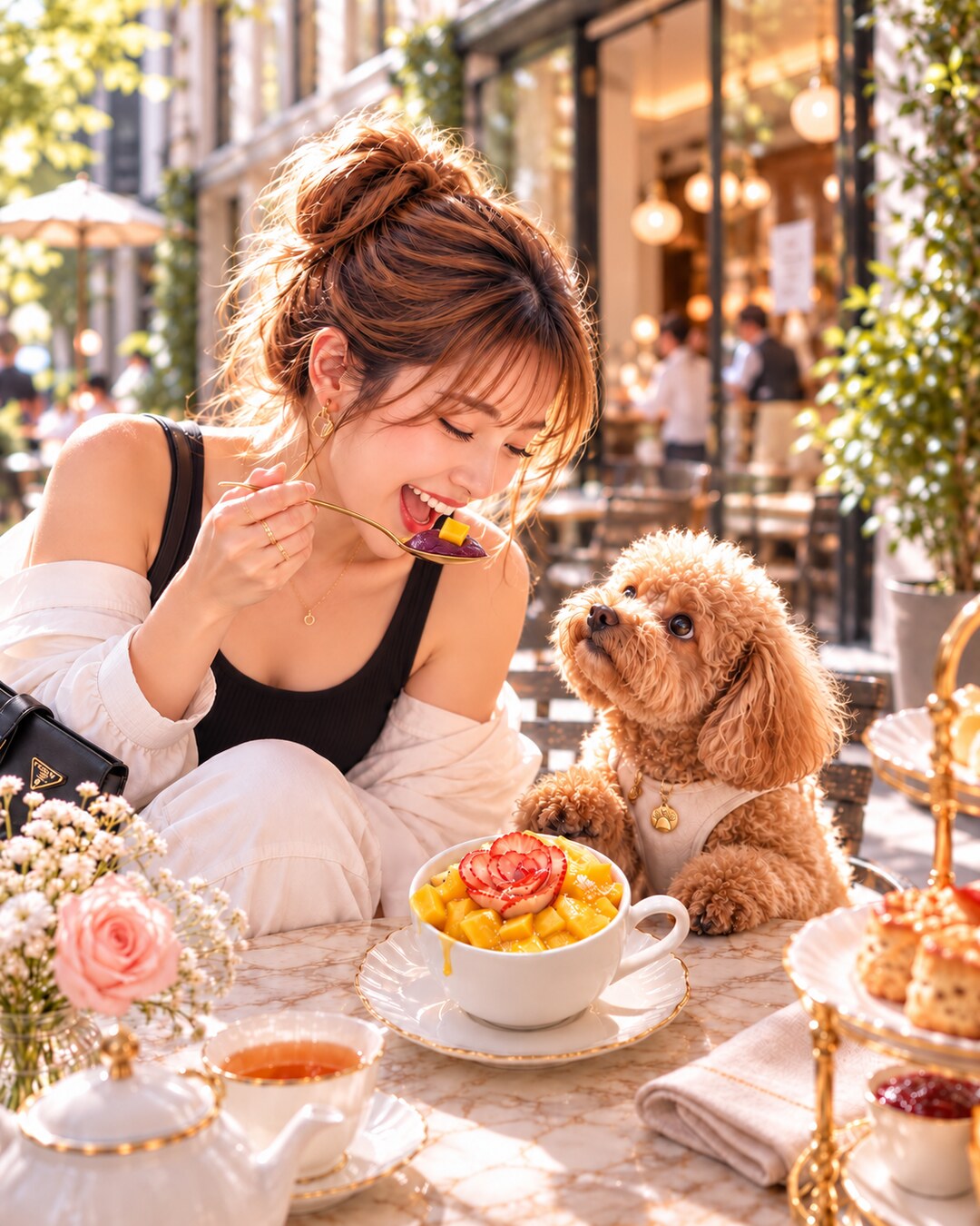 アサイーボウルを楽しむ女性を期待いっぱいに見つめる愛犬
