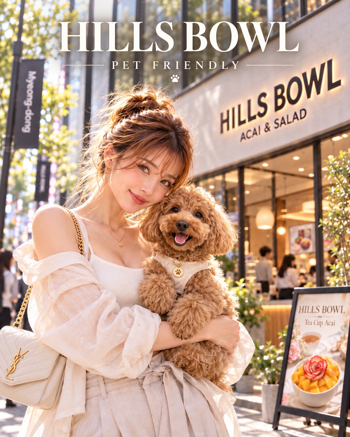 HILLS BOWL大阪・堀江本店の前で愛犬を抱く女性