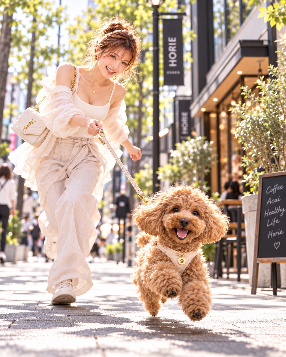 大阪・堀江で愛犬と散歩を楽しむ女性