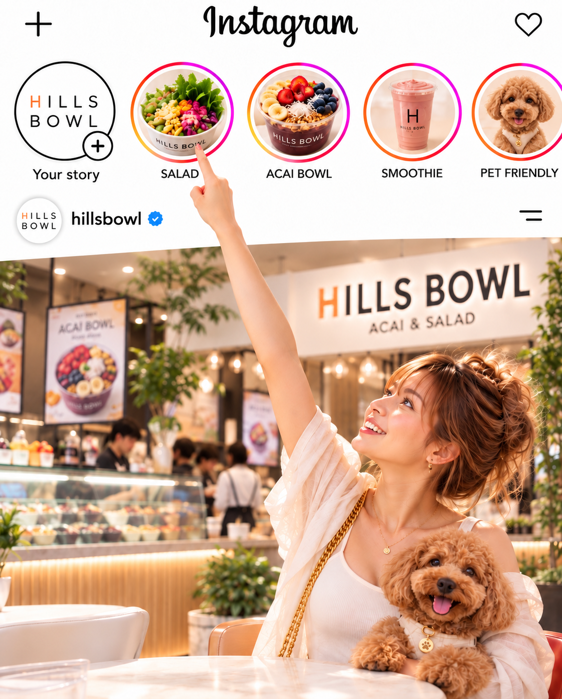 サラダのストーリーを指すHILLS BOWLのInstagramイメージ。店内で女性と愛犬が過ごす様子